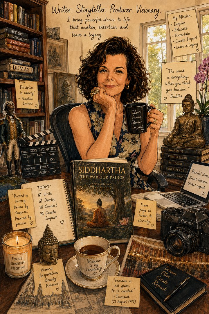 An illustrated portrait of Kyra Pahlen at her desk